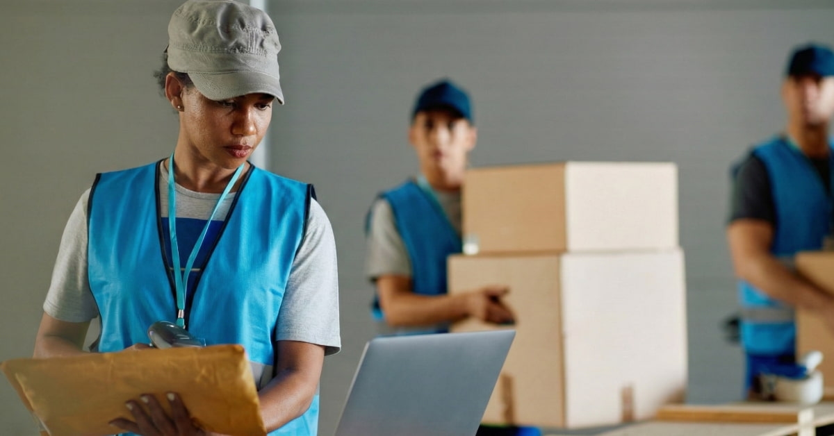 Mulher trabalhando com ERP logística no notebook em separação de pedidos