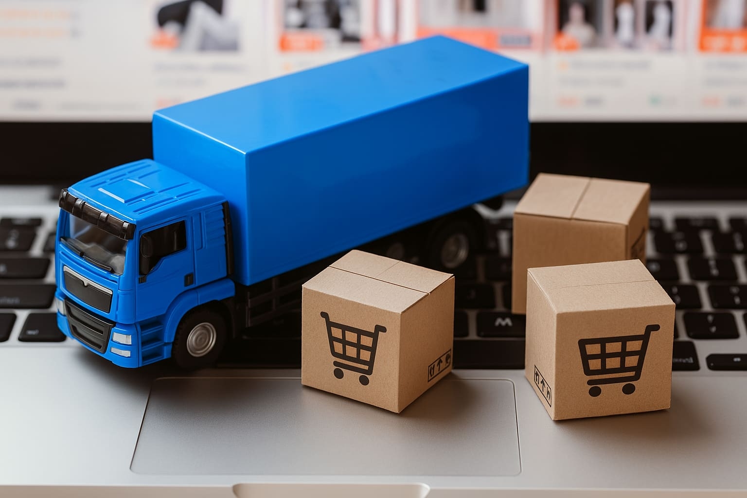 Caminhão miniatura e caixas de envio representando logística para ecommerce