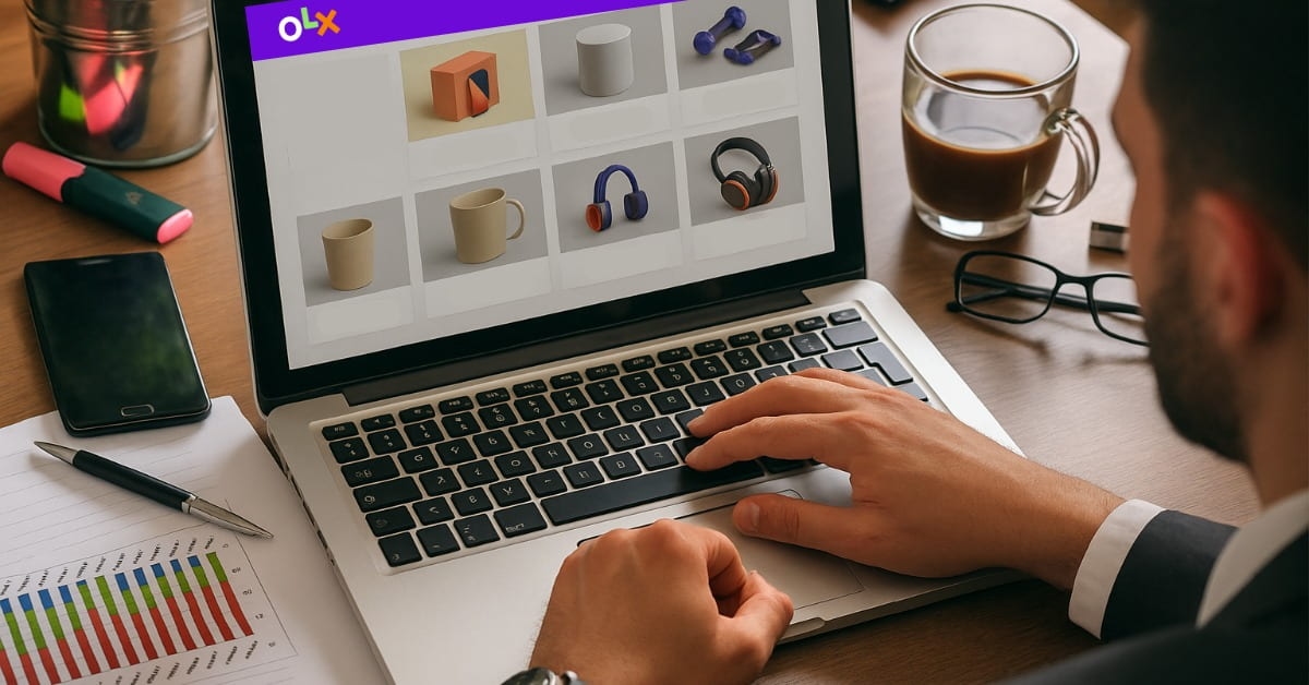 Homem usando notebook para anunciar produtos e aprender como vender na OLX