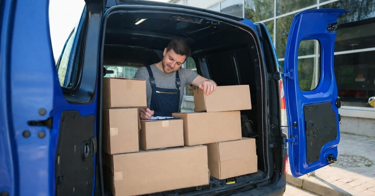 Motorista organizando caixas em van de entregas após a FedEx sair do Brasil