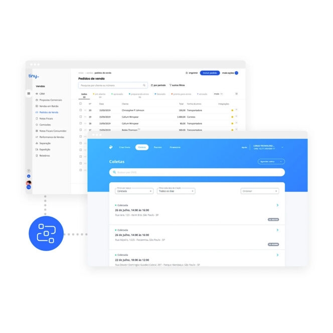 Telas de computador demonstrando a integração da plataforma de envios Loggi Fácil com ERPs