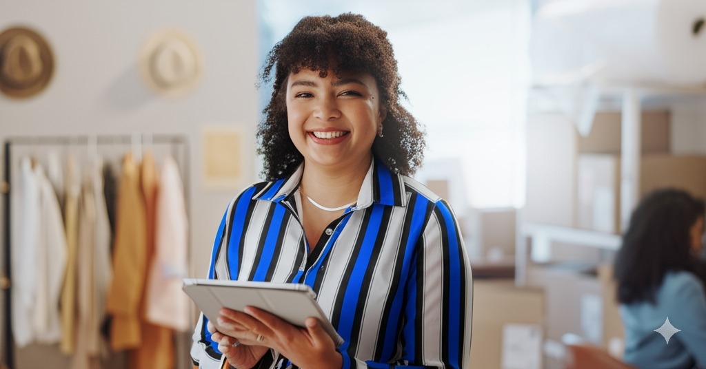 Mulher sorrindo para a camêra e usando a planilha de controle financeiro empresarial no tablet