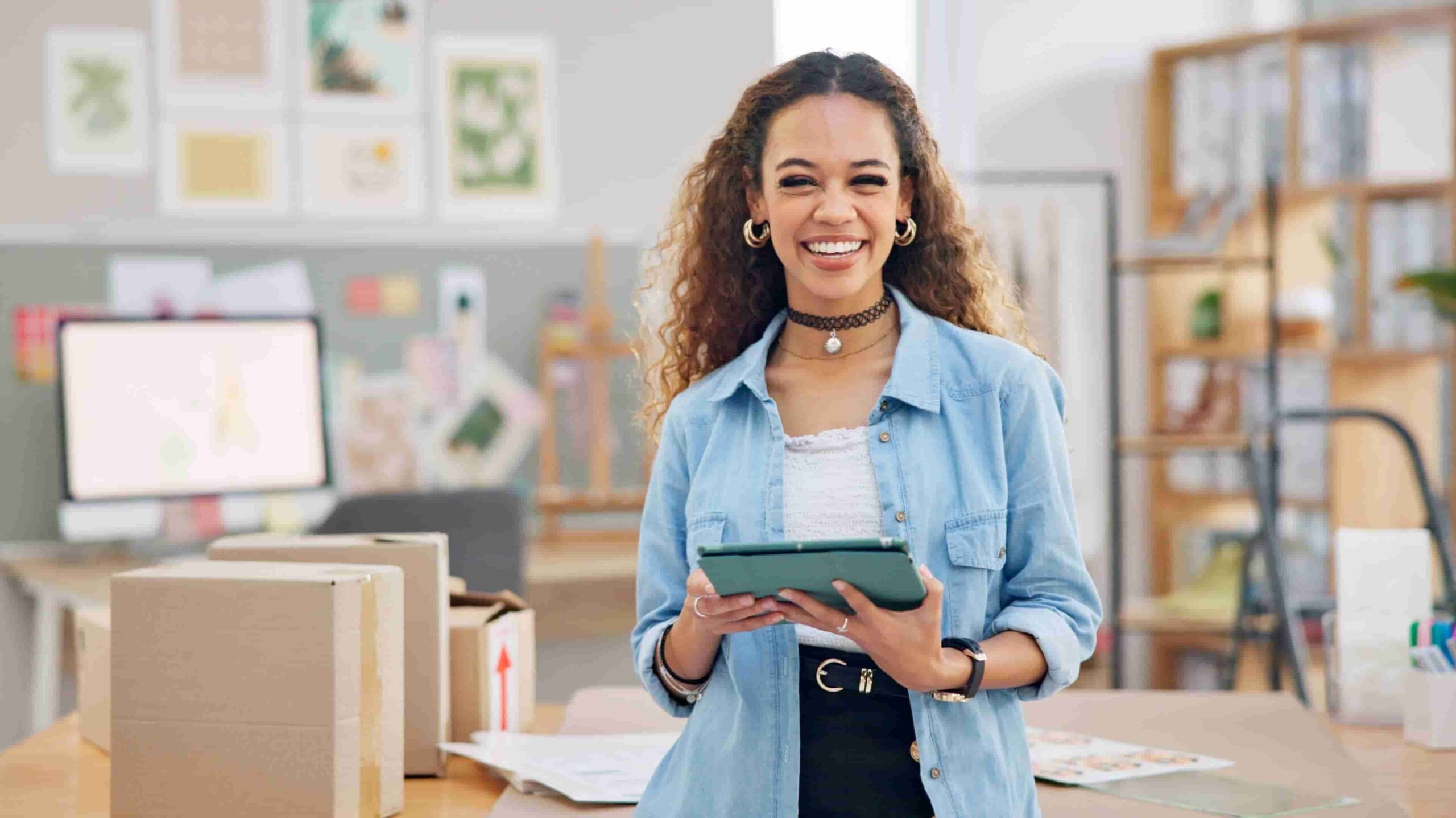 Mulher sorrindo para a câmera usando a Planilha de gastos no tablet