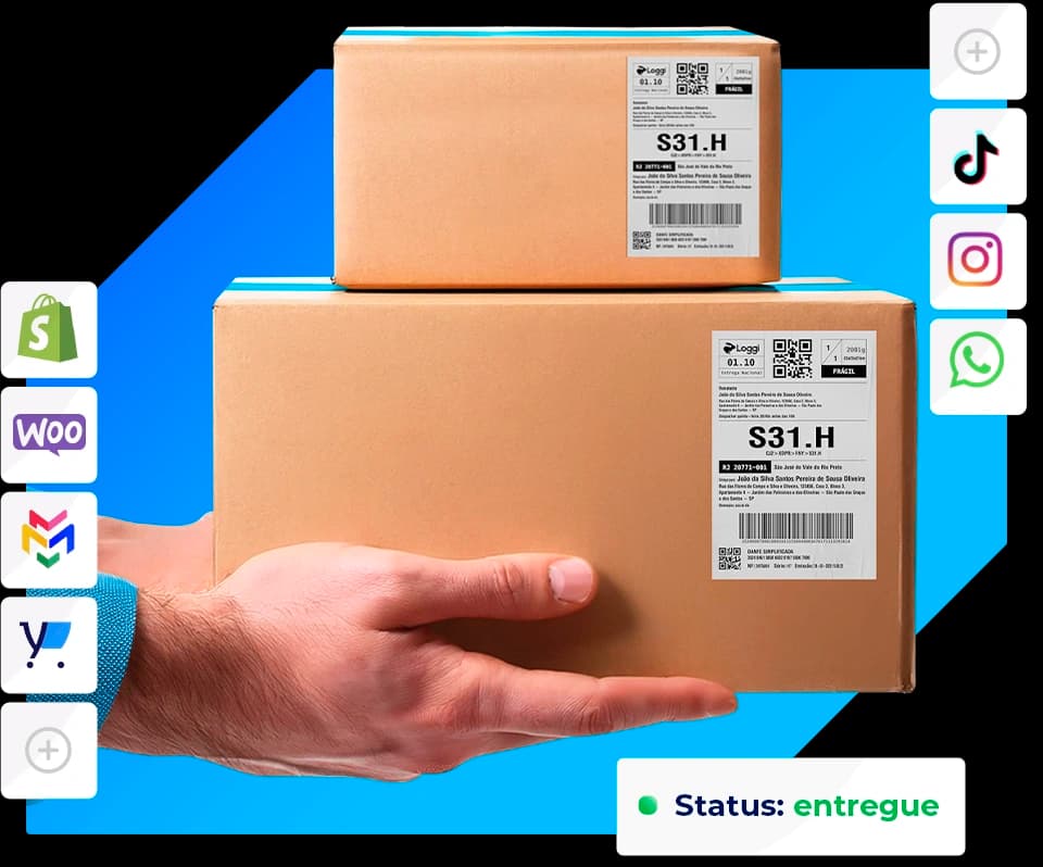 Ilustração digital representando a integração de frete com a Loggi. A imagem mostra várias caixas de entrega personalizadas com a marca Loggi, sobrepostas a um smartphone azul. Ícones de plataformas como Shopify, WooCommerce, Gmail, Instagram, WhatsApp e TikTok indicam compatibilidade com diferentes serviços. Há também um indicador de status de entrega marcado como "entregue" e um botão de integração de frete, sugerindo um sistema automatizado para lojistas e empresas.