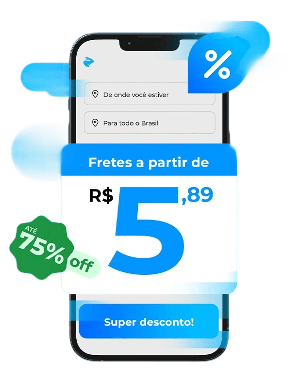 Promoção de fretes da Loggi exibida na tela de um smartphone. A imagem destaca o valor de frete a partir de R$ 5,89, com um selo verde informando desconto de até 75% off. No topo da tela, há campos de endereço com as opções "De onde você estiver" e "Para todo o Brasil", representando a calculadora de frete da Loggi
