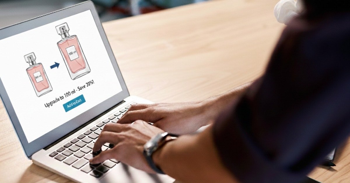 Oferta de upsell de perfume apresentada na tela de um notebook