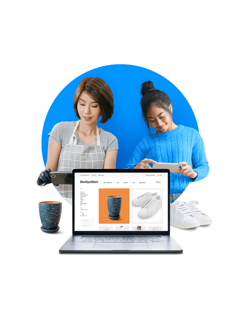 Mulheres tirando fotos de produtos com celulares: uma caneca esverdeada e um tênis branco. Também um notebook com um e-commerce na tela mostrando os dois produtos fotografados.